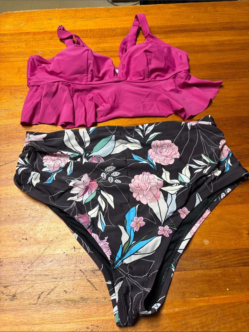 Women’s Fuchsia Ruffle Bikini Top with Black Floral High-Waist Bottom